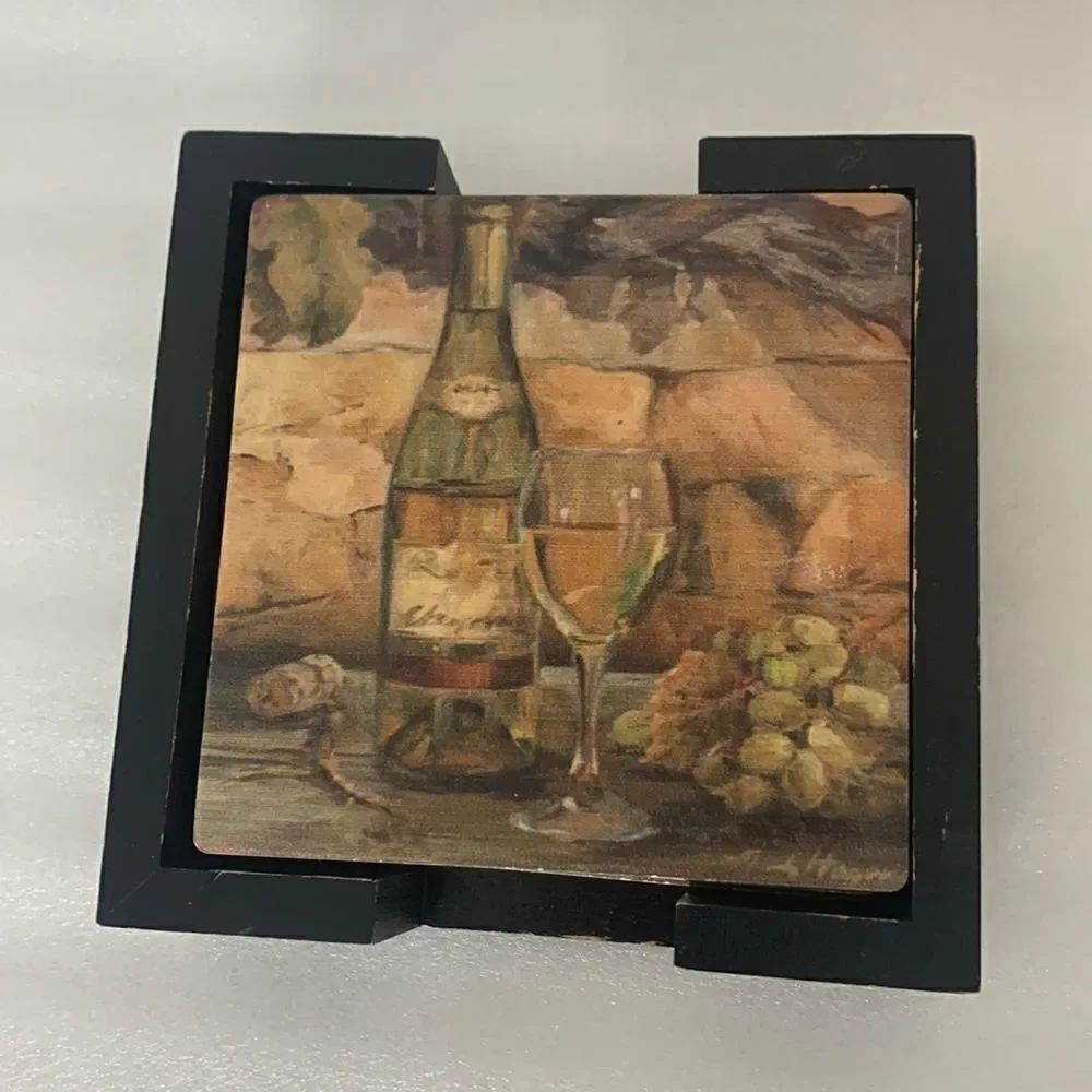 Wine Bottle Glass AM Wood Holder For Square Coasters Dark Walnut 5 Piece Set